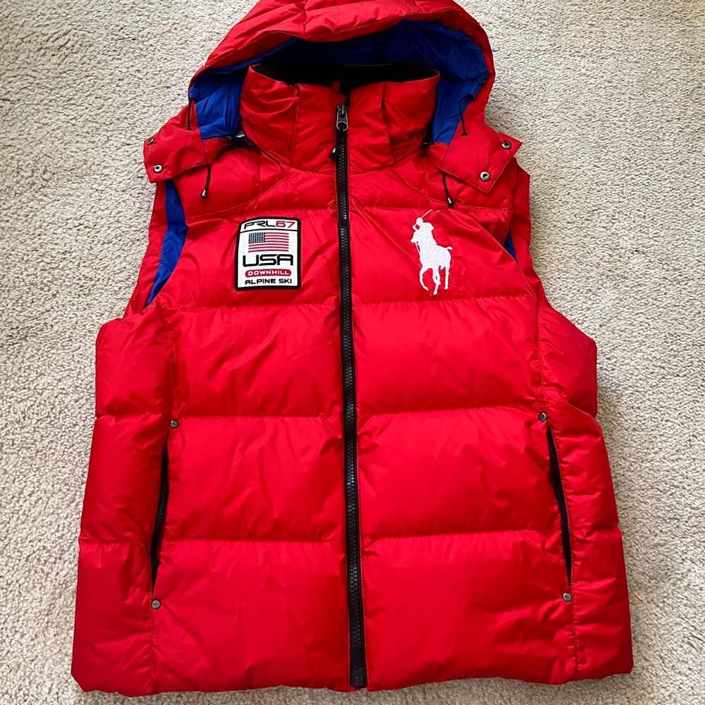 Men’s Polo Ralph Lauren Red Puffer Vest PRL67 USA DOWNHILL ALPINE SKI